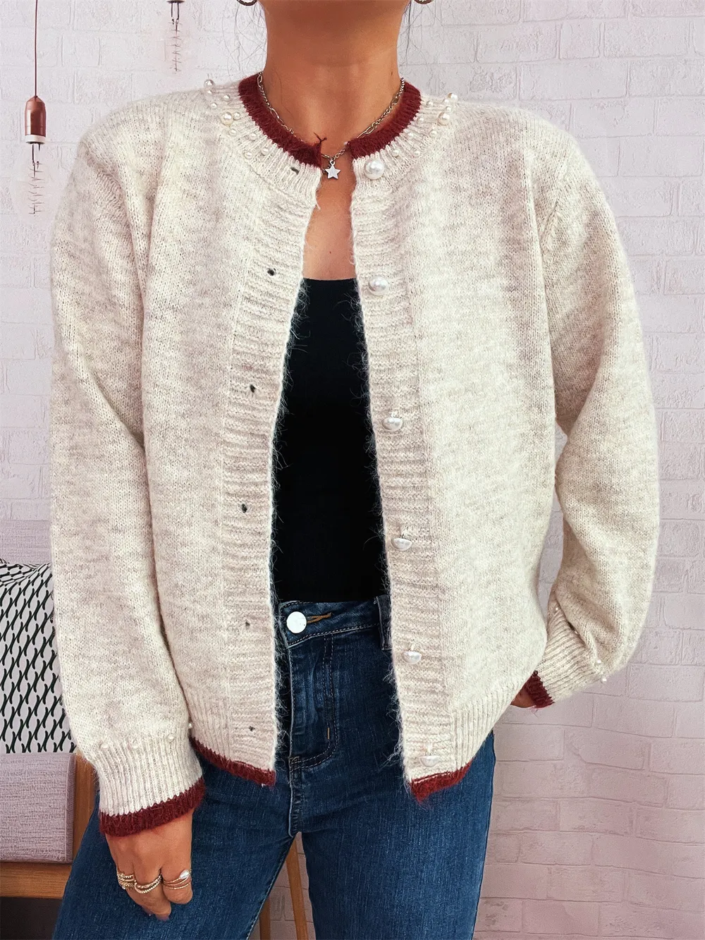 Pearl Embellished Button-Front Cardigan, image 14