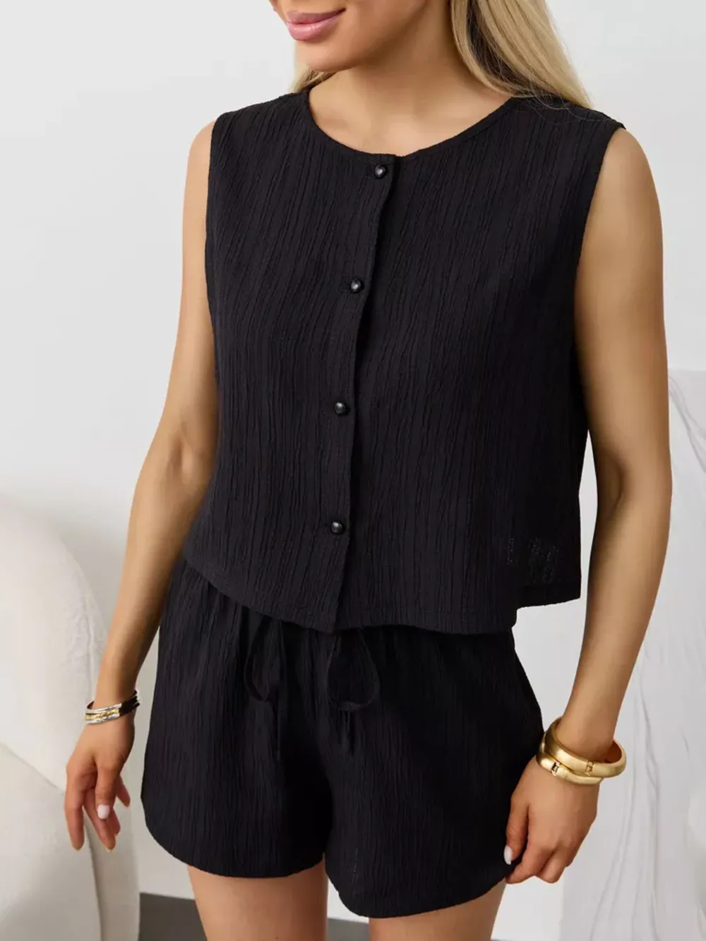 Textured Round Neck Tank and Shorts Set, image 10