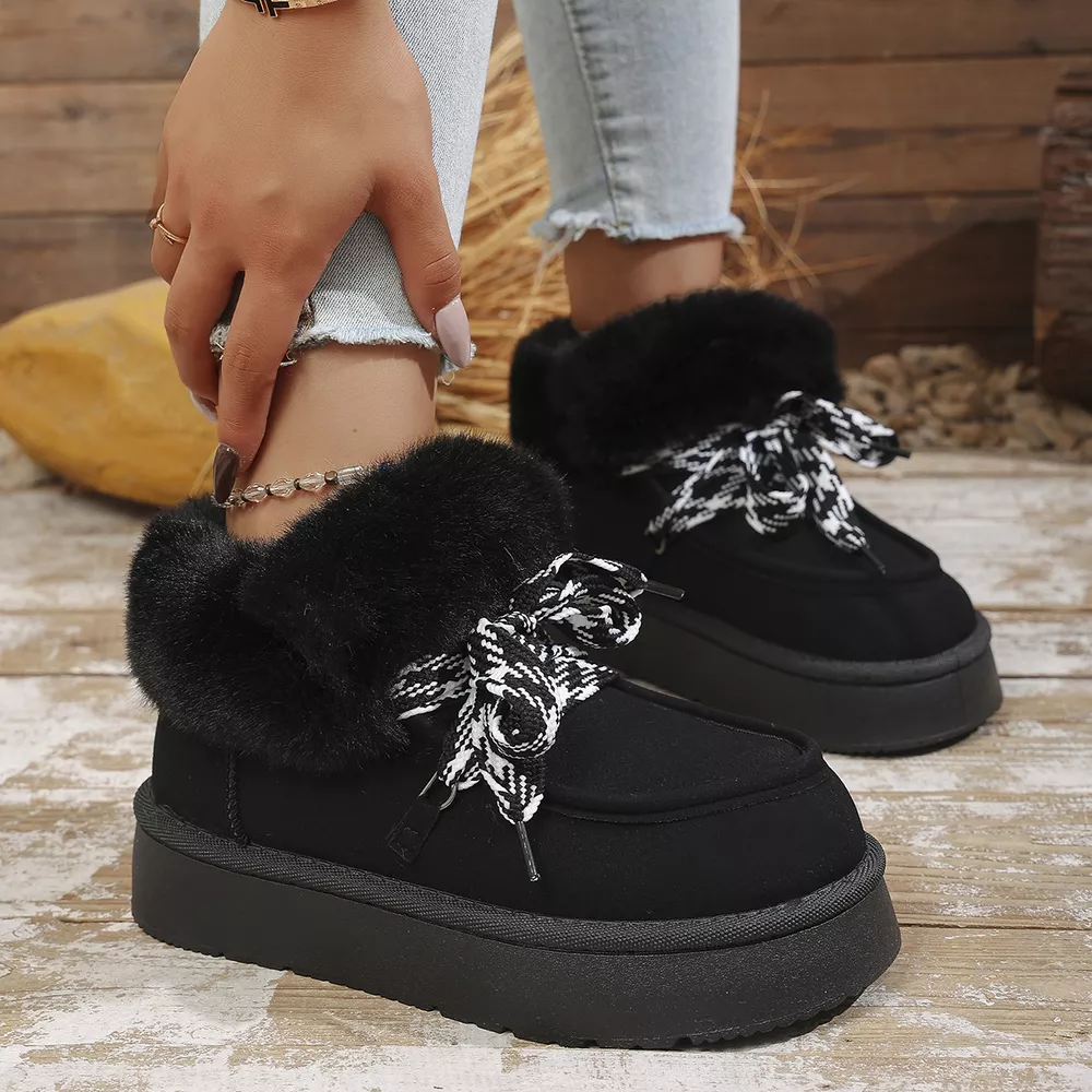 Plush Faux Fur Lined Platform Boots with Ribbon Lacing, image 4