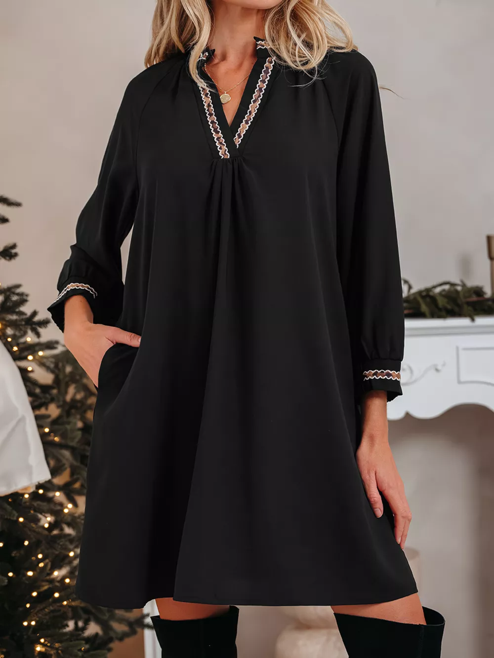 Contrast Trim Bracelet Sleeve Shift Mini Dress, image 6