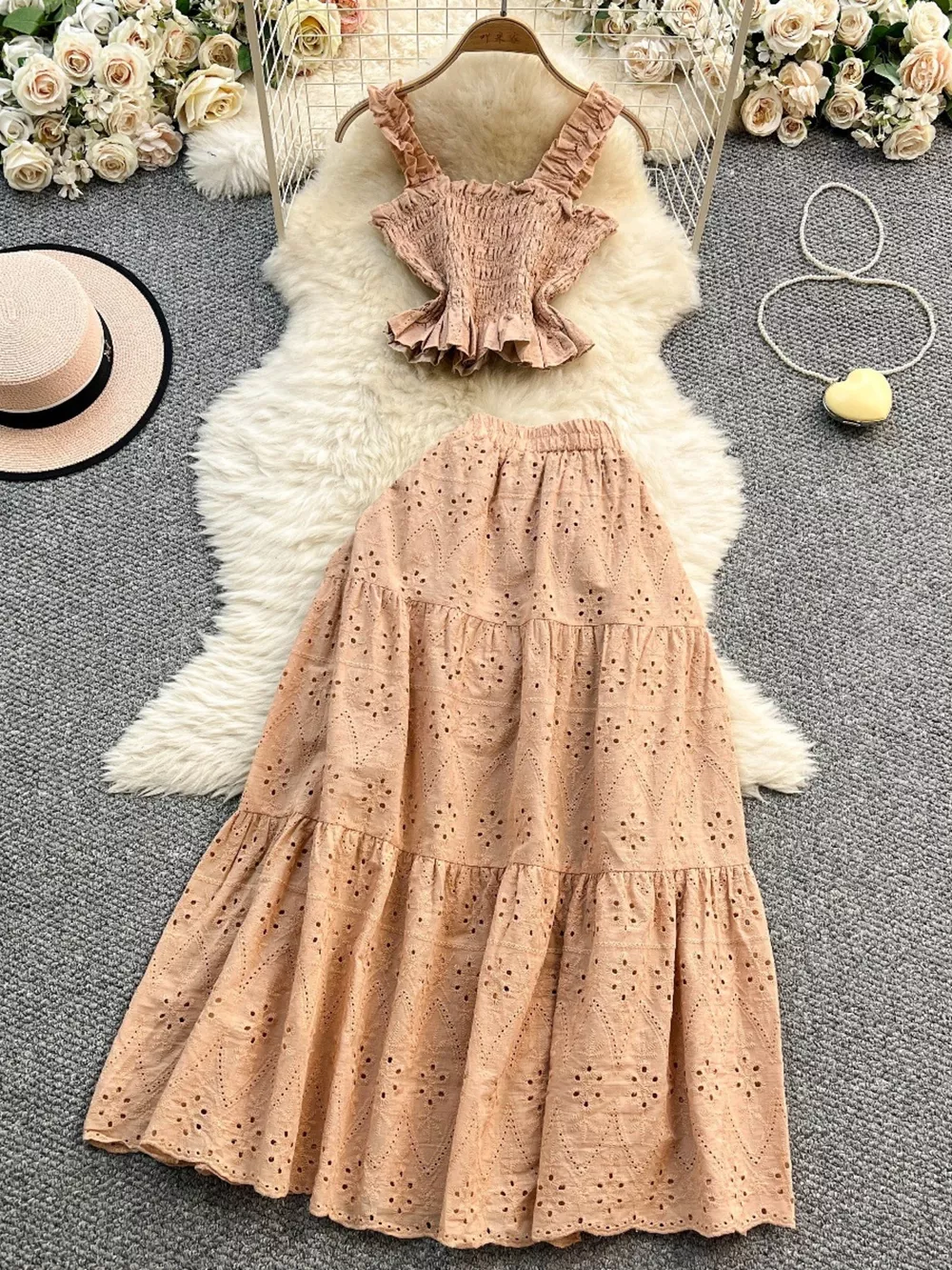 Smocked Crop Top and Hollow-Out Skirt Set, image 21