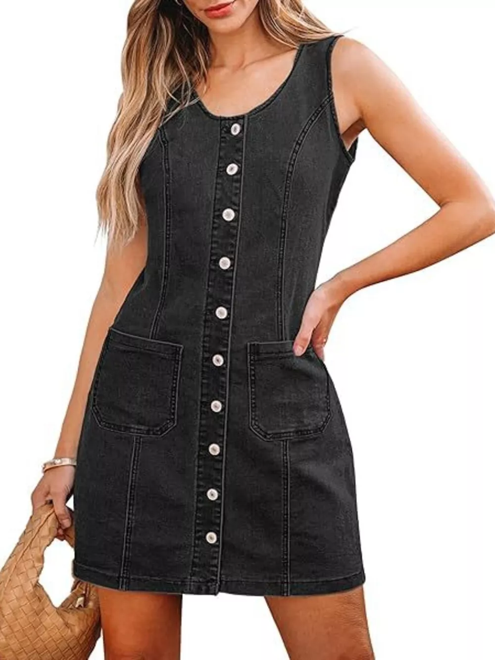 Button-Front Sleeveless Denim Dress