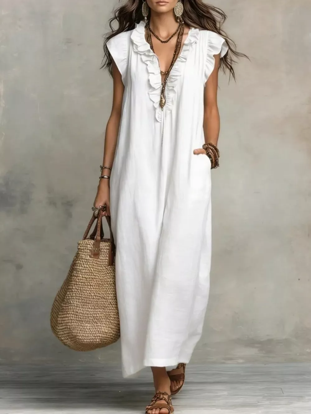 Full Size Ruffled V-Neck Cap Sleeve Maxi Dress Plus Size, image 3