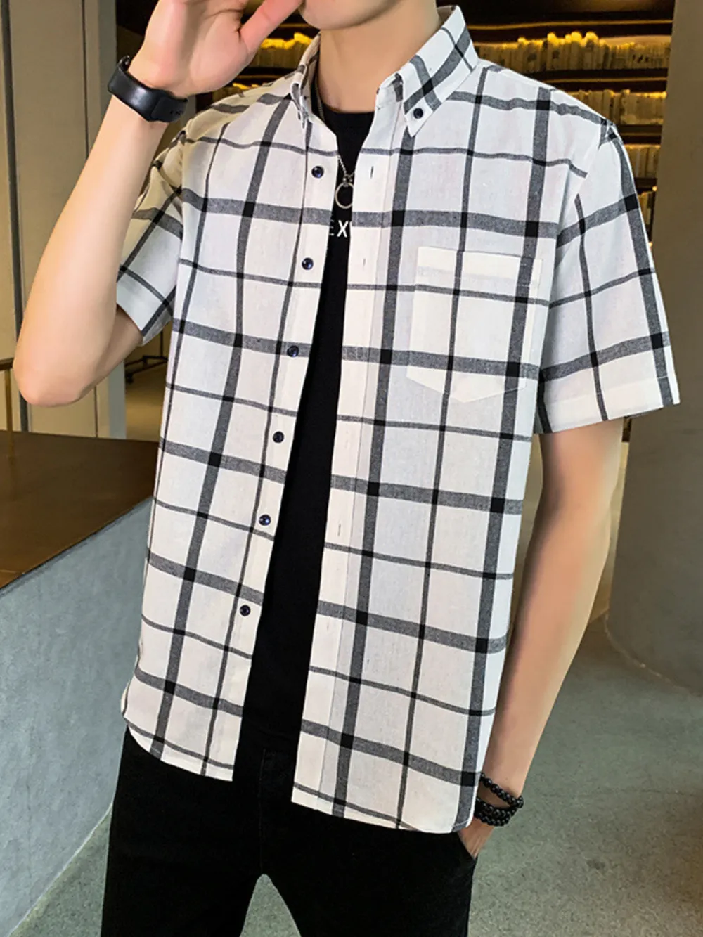 Men's Plus Size Casual Plaid Short Sleeve Shirt, image 7