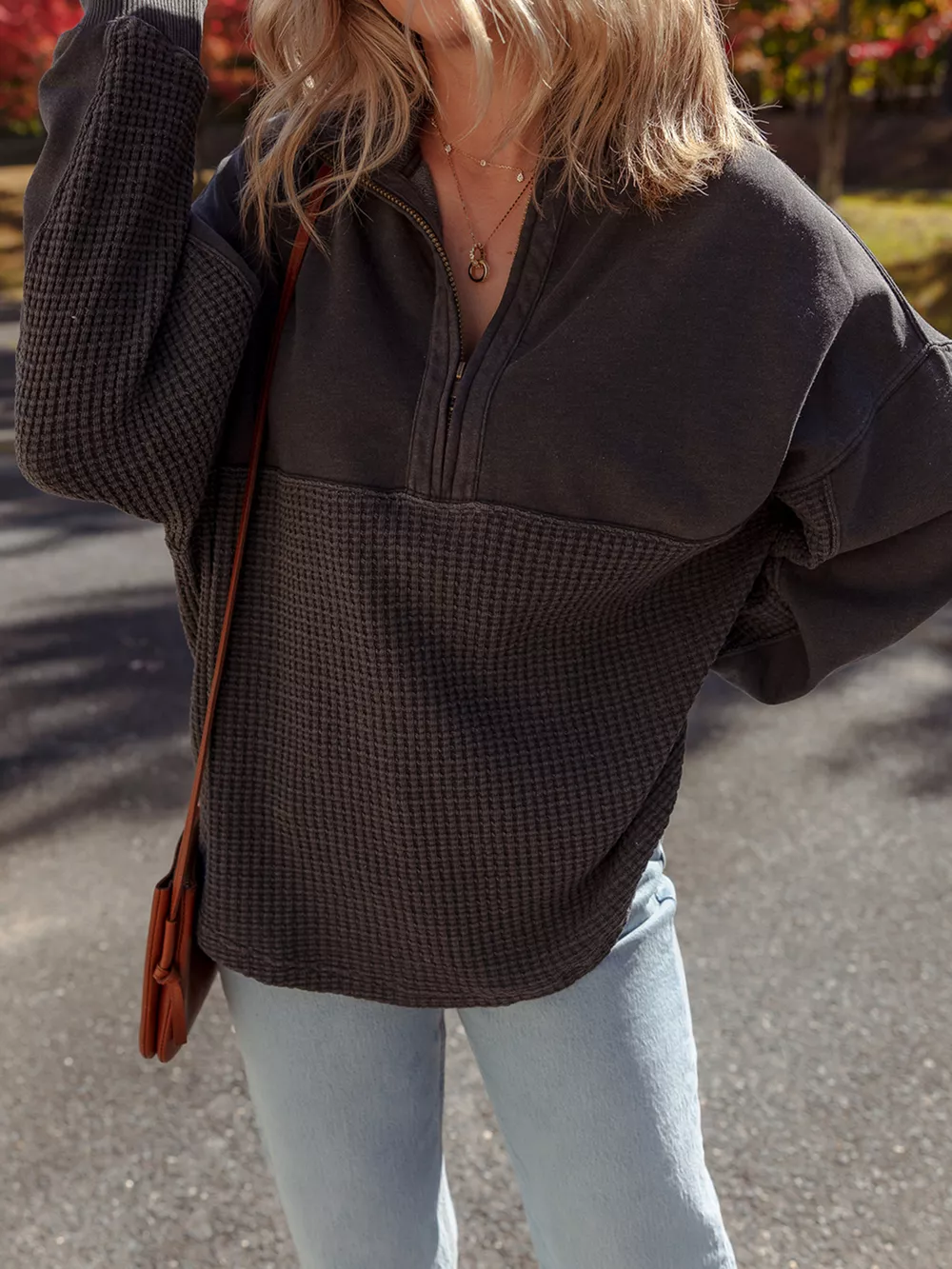 Waffle Knit Patchwork Half Zipped Casual Sweatshirt, image 6