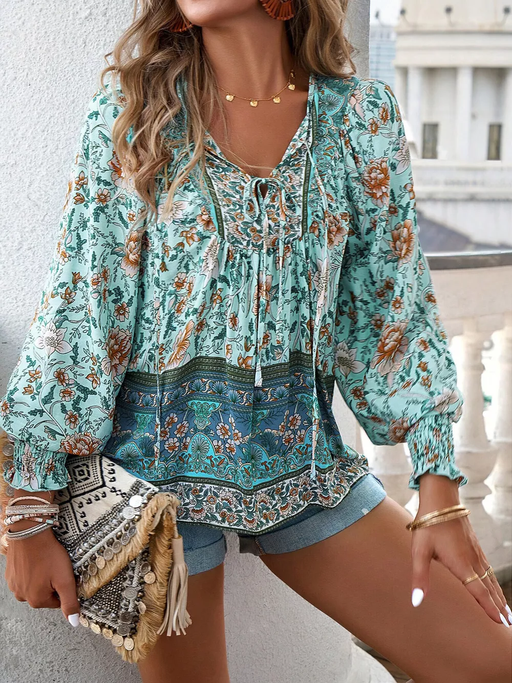 Floral Print Tie-Neck Blouse with Smocked Cuffs, image 9