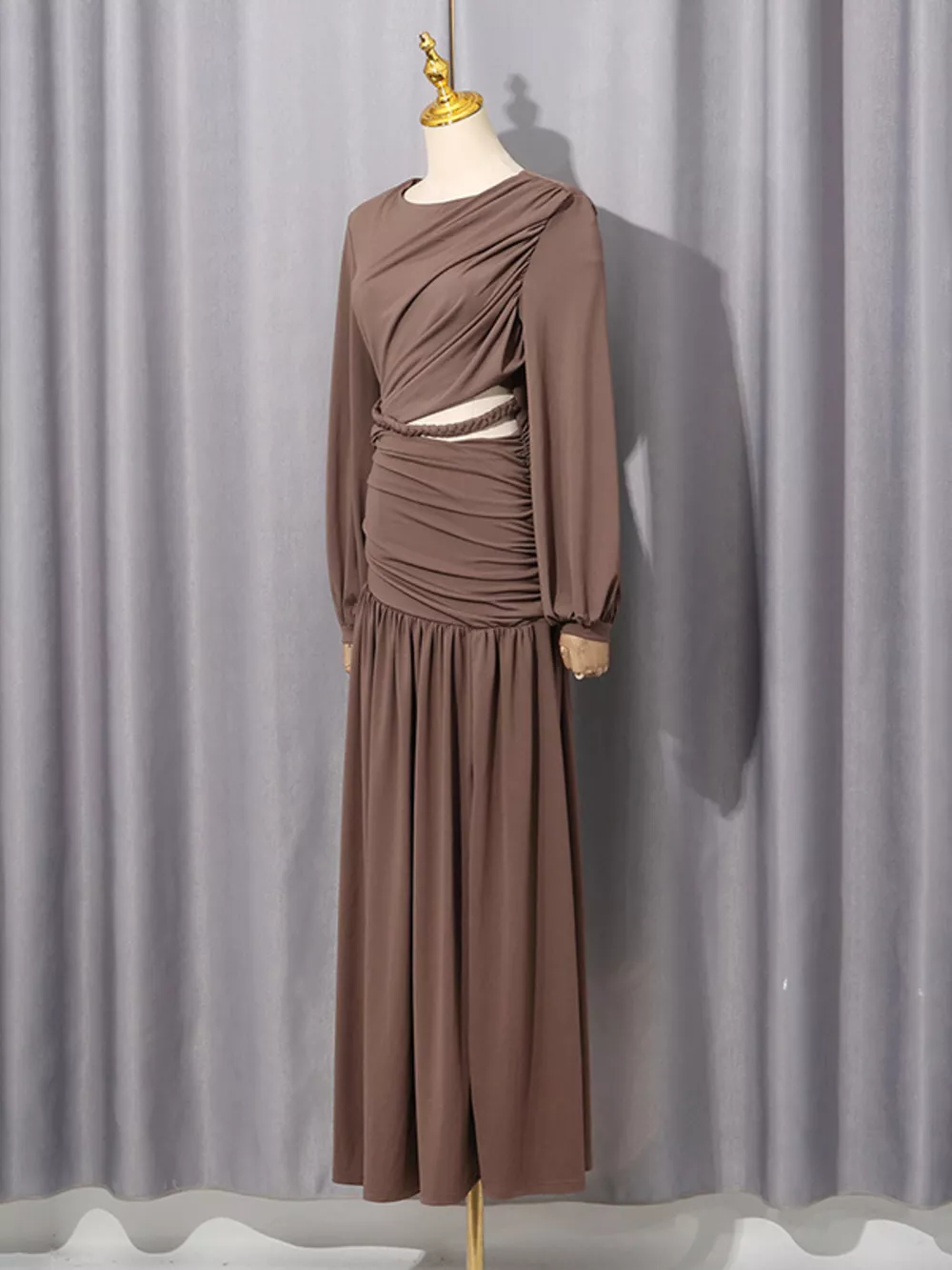 Ruched Long-Sleeve Maxi Dress with Cutout Detail, image 3