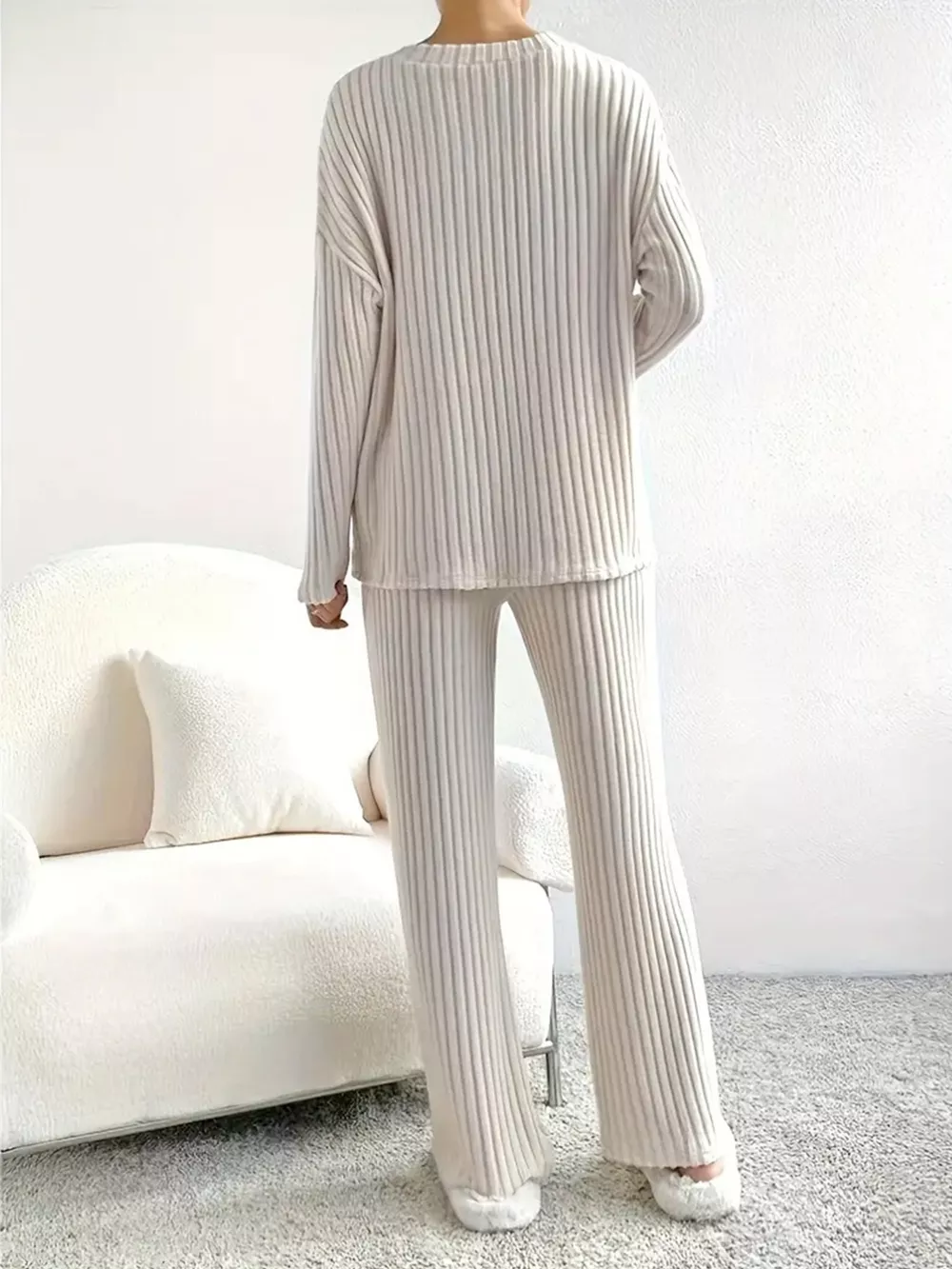 Ribbed Knit V-Neck Top and Pants Set, image 10