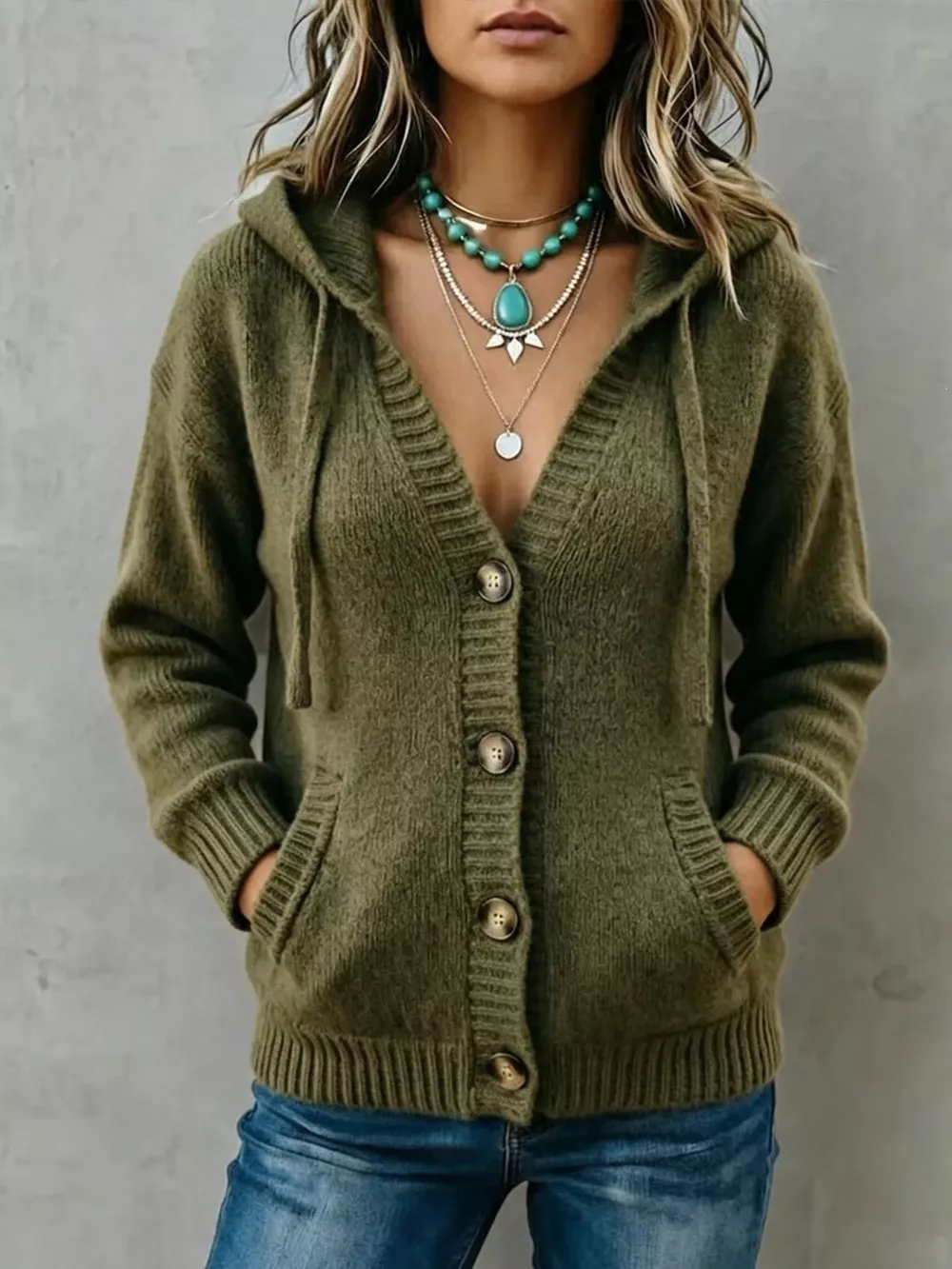 Hooded Button-Down Knit Cardigan