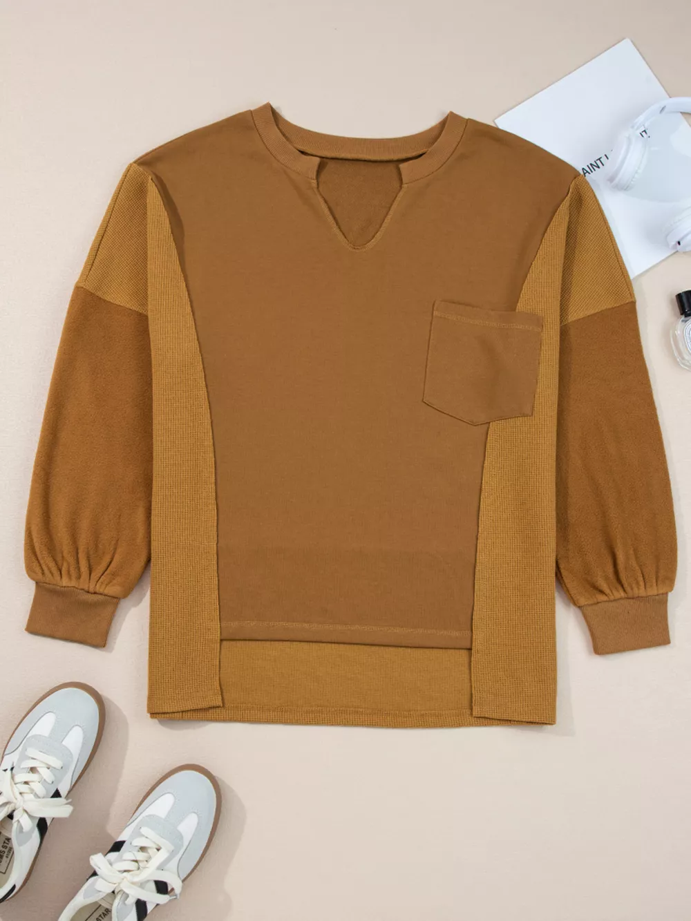 Oversized Textured Split Neck High Low Sweatshirt, image 4