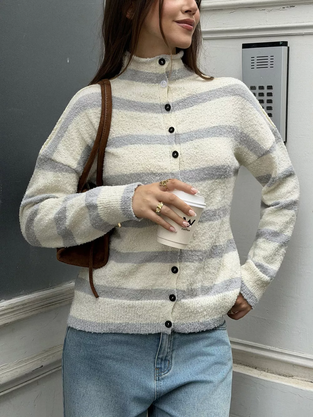 Striped Mock Neck Button-Down Textured Cardigan, image 4