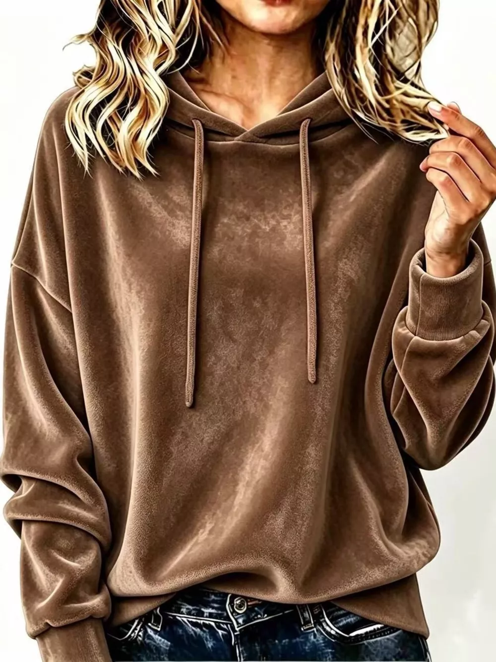 Full Size Drawstring Velvet Long Sleeve Hoodie Plus Size, image 7
