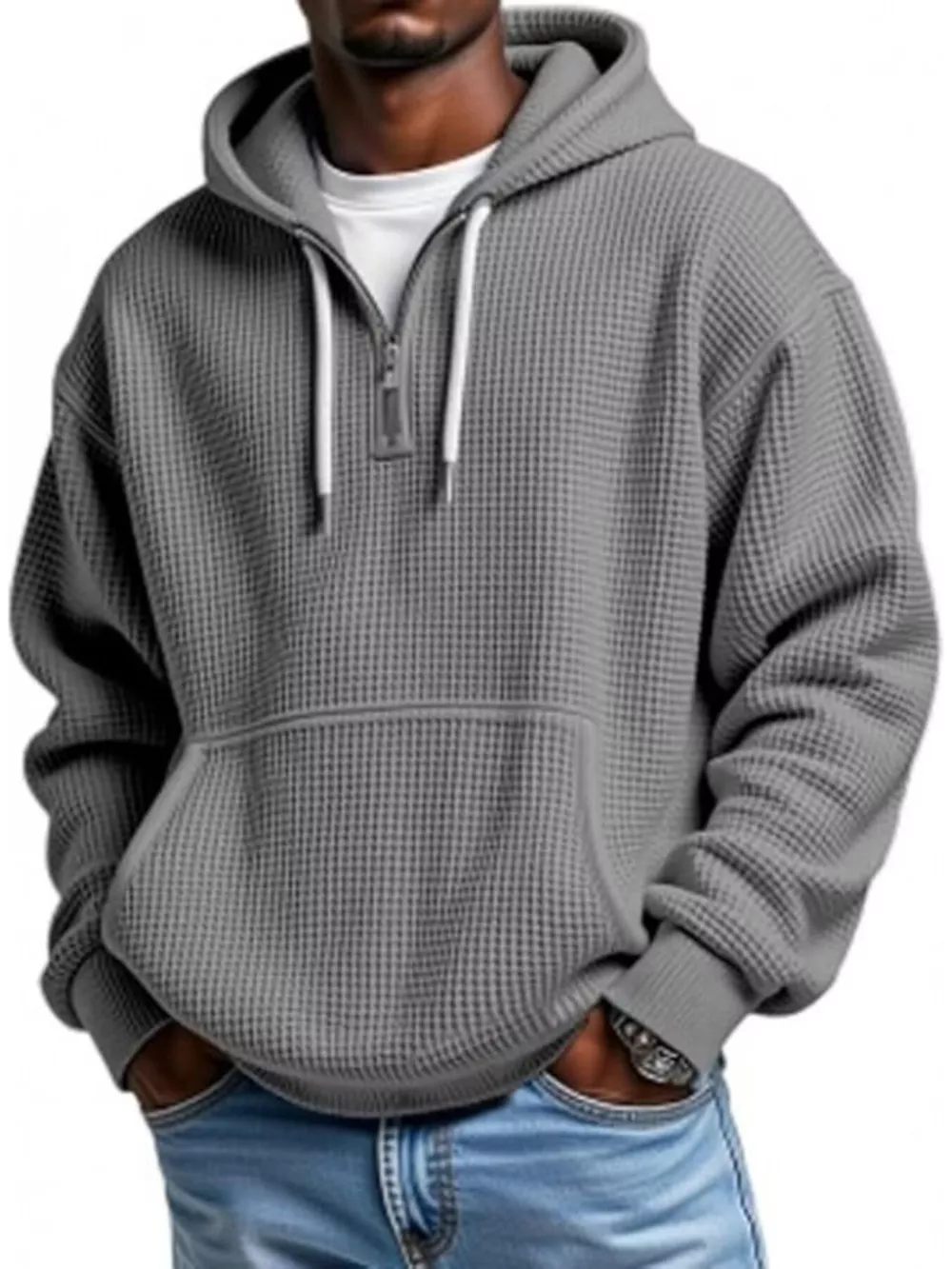 Men's Full Size Waffle Knit Quarter Zip Hoodie Plus Size, image 7