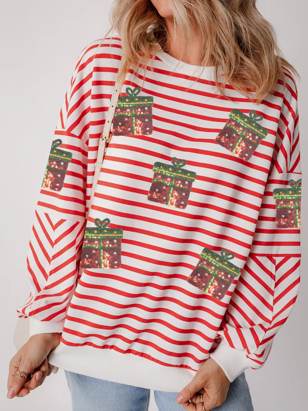 Stripe Sequin Christmas Gift Patched Drop Shoulder Sweatshirt, image 2