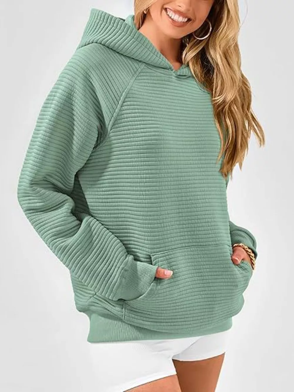 Texture Kangaroo Pocket Raglan Sleeve Hoodie, image 10