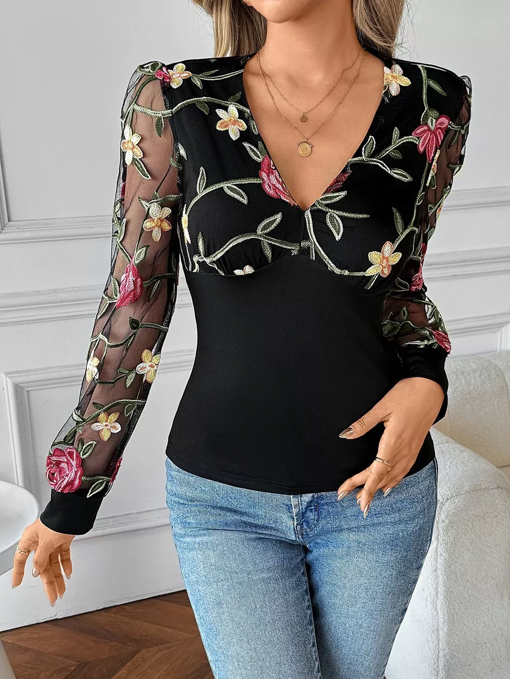 Floral Mesh Sleeve V-Neck Top, image 4
