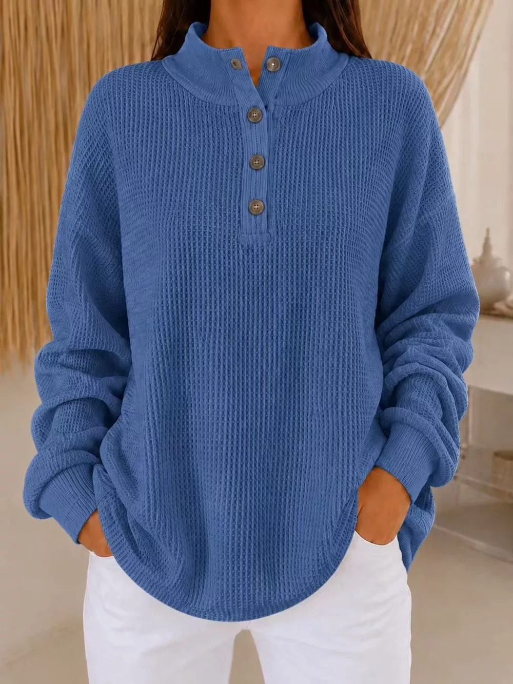 Full Size Waffle Knit Button Detail Sweatshirt Plus Size, image 7