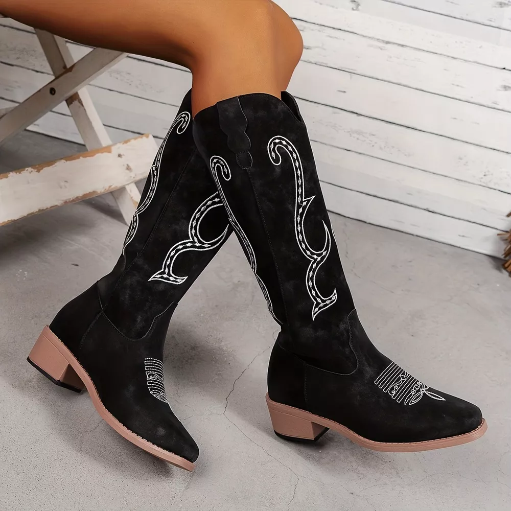 Embroidered Round Toe Block Heels Boots, image 3