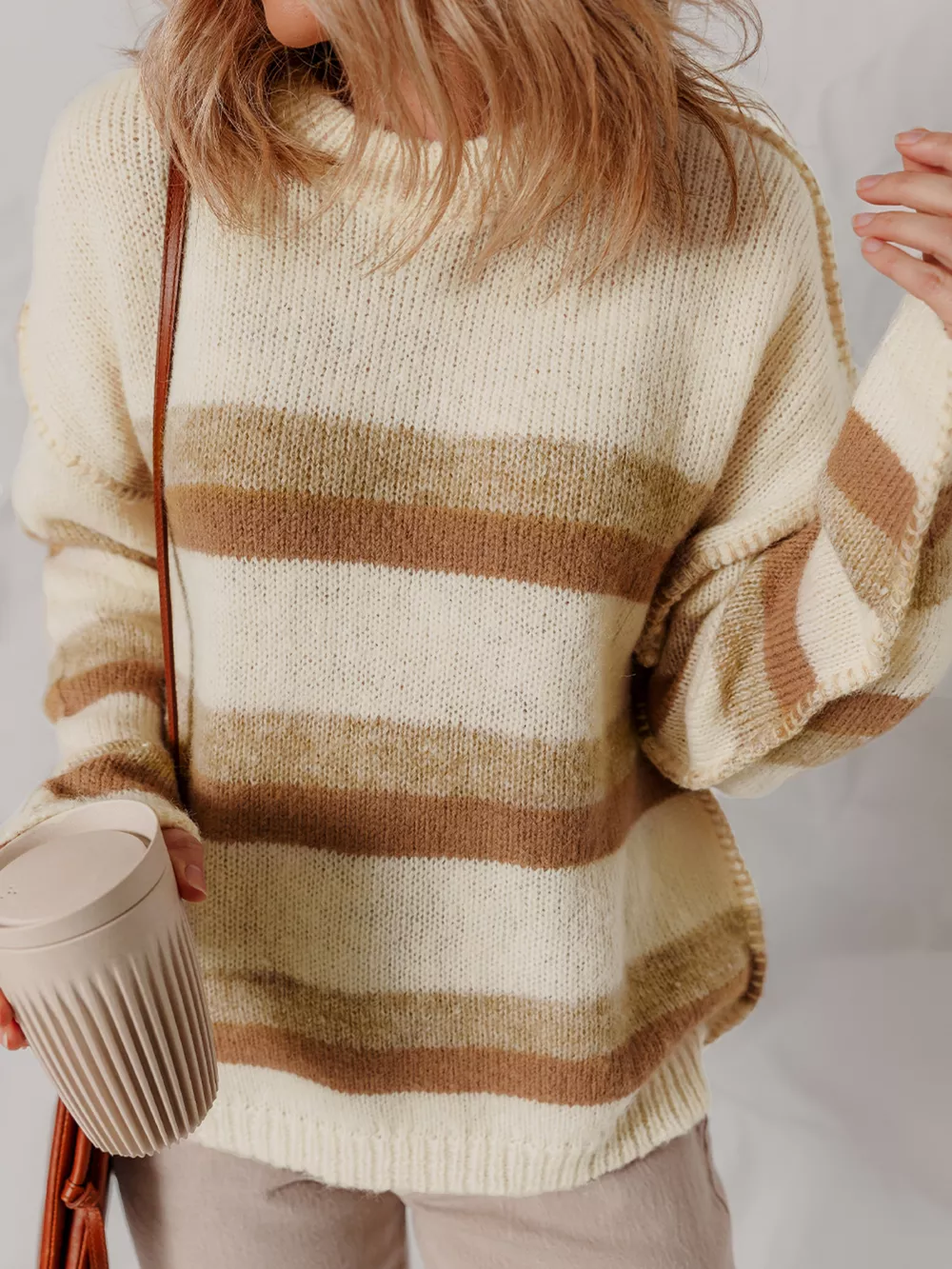 Stripe Exposed Seam Drop Shoulder Knit Baggy Sweater, image 3