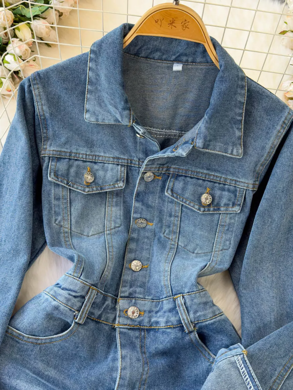 Button Front Wide Leg Denim Jumpsuit, image 3