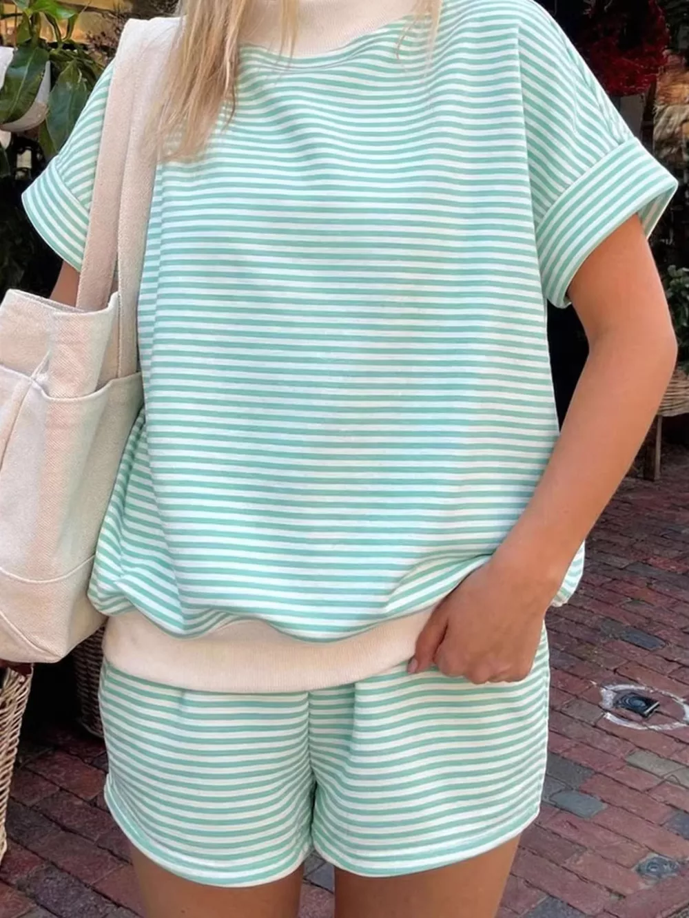 Full Size Striped Round Neck Tee and Shorts Set Plus Size, image 3