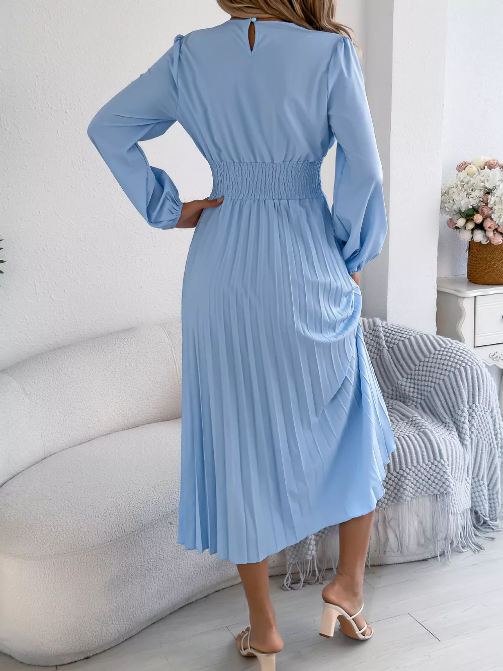 Smocked Pleated Long Sleeve Midi Dress, image 8
