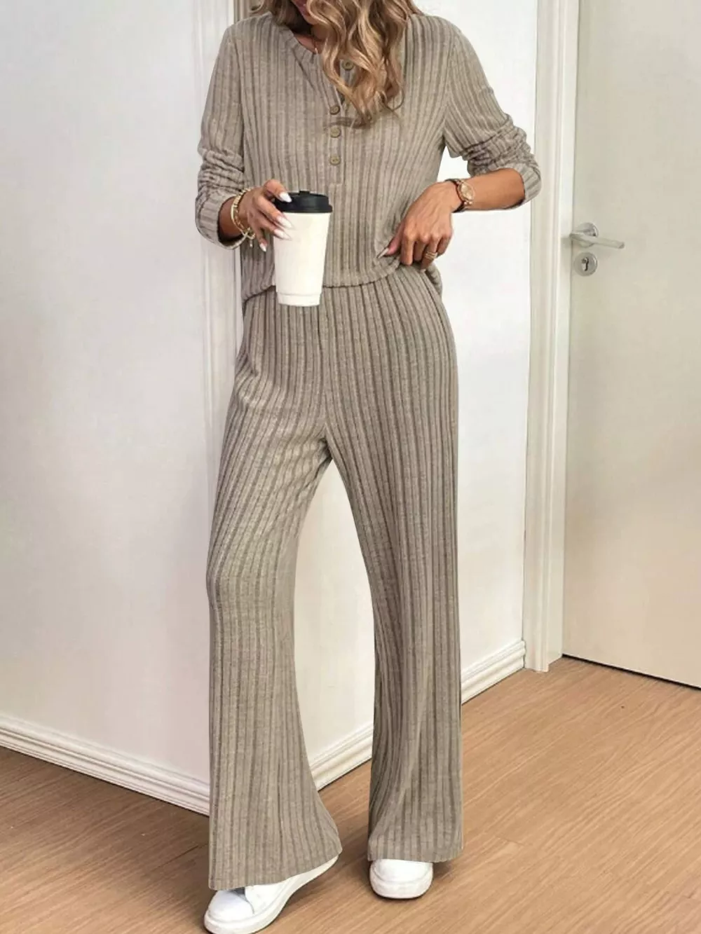 Plus Size Ribbed Knit Button-Front Top and Pants Set, image 8