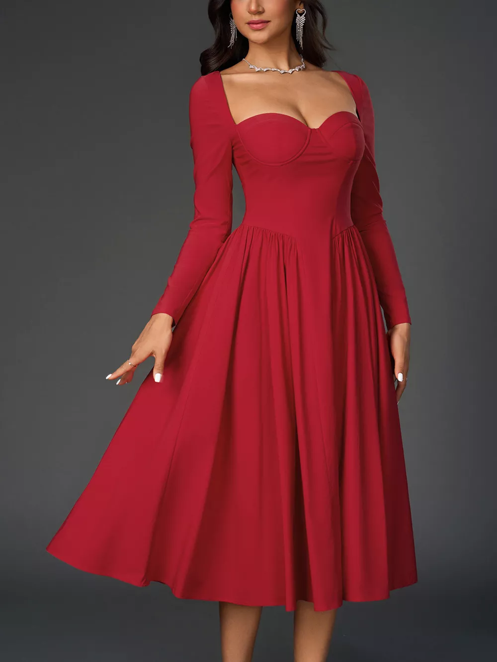 Sweetheart Neckline Long Sleeve A-Line Midi Dress, image 3