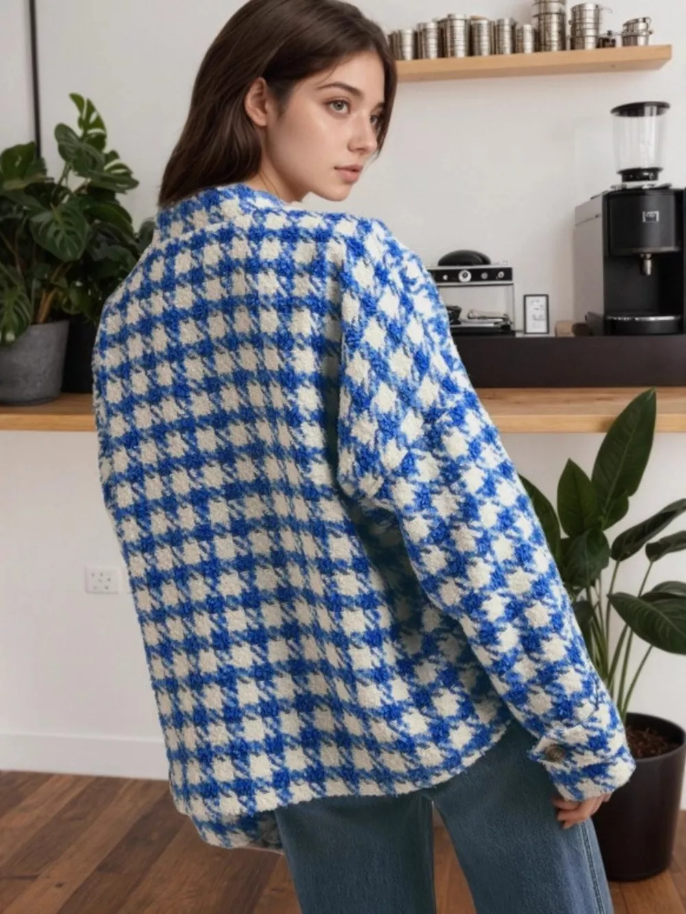 Houndstooth Button Up Long Sleeve Jacket, image 2