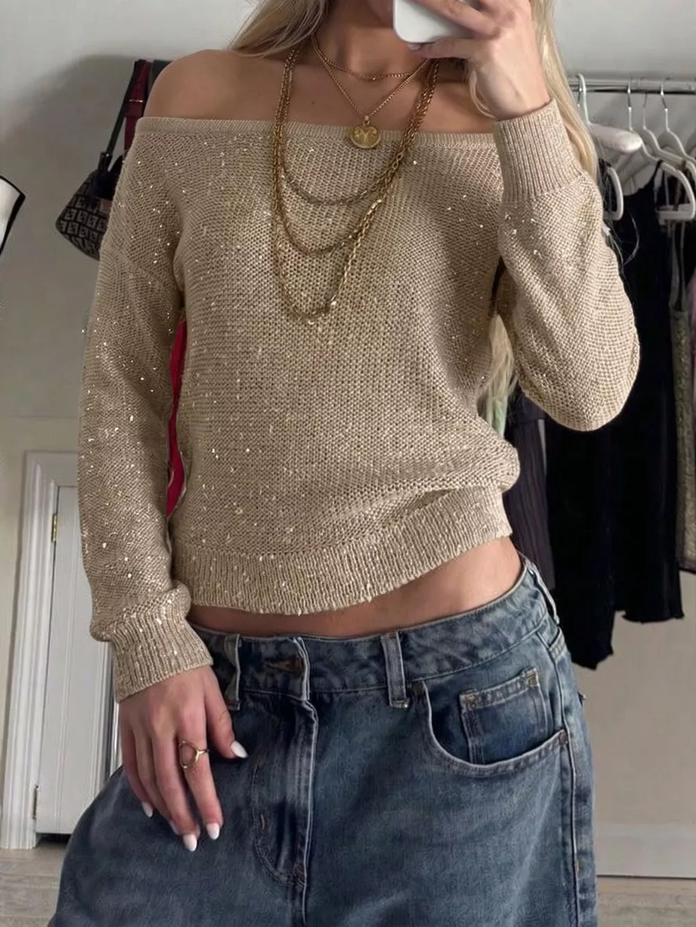 Sequin Off-Shoulder Sweater, image 2