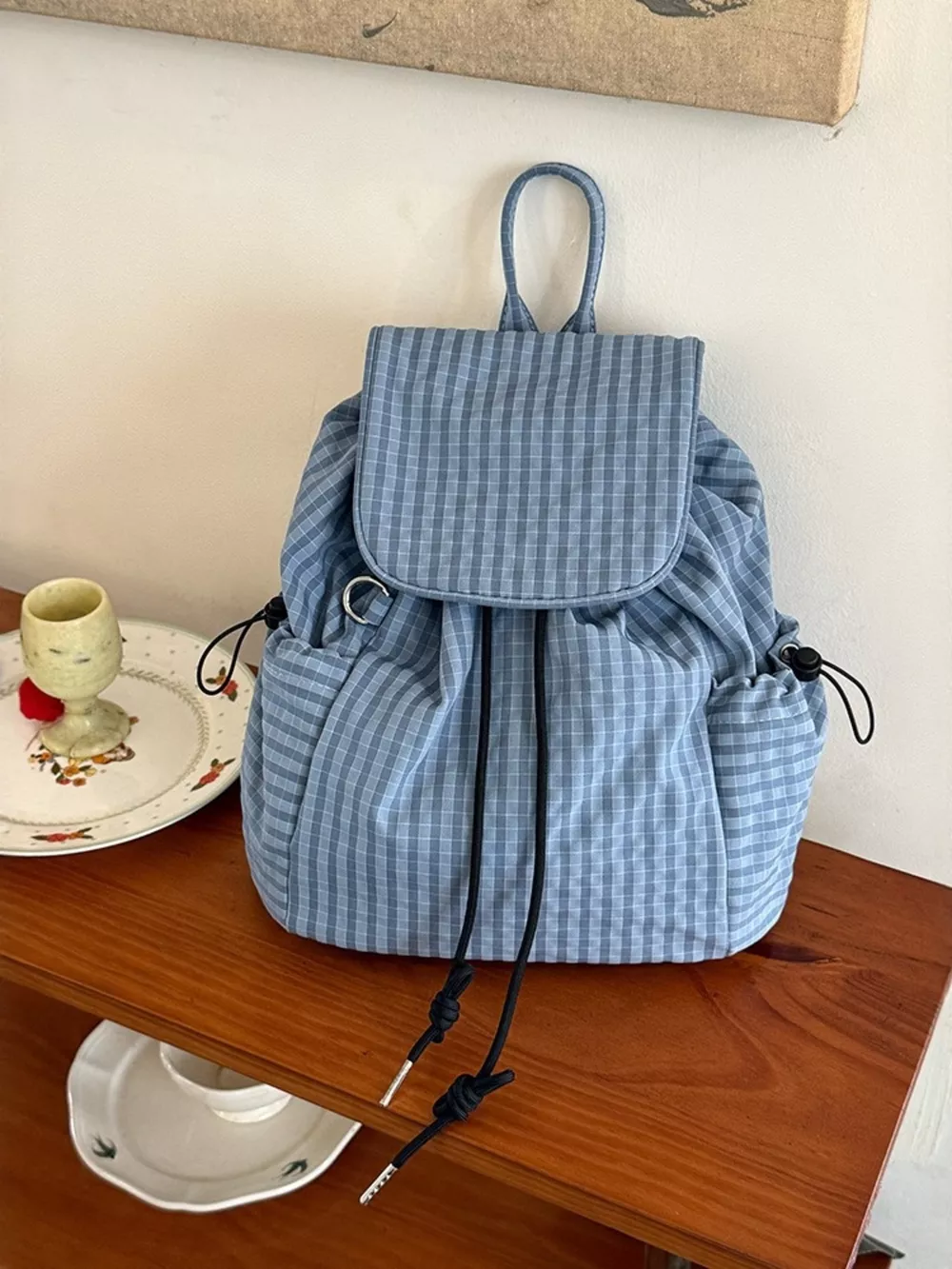 Plaid Drawstring Closure Backpack Bag, image 4