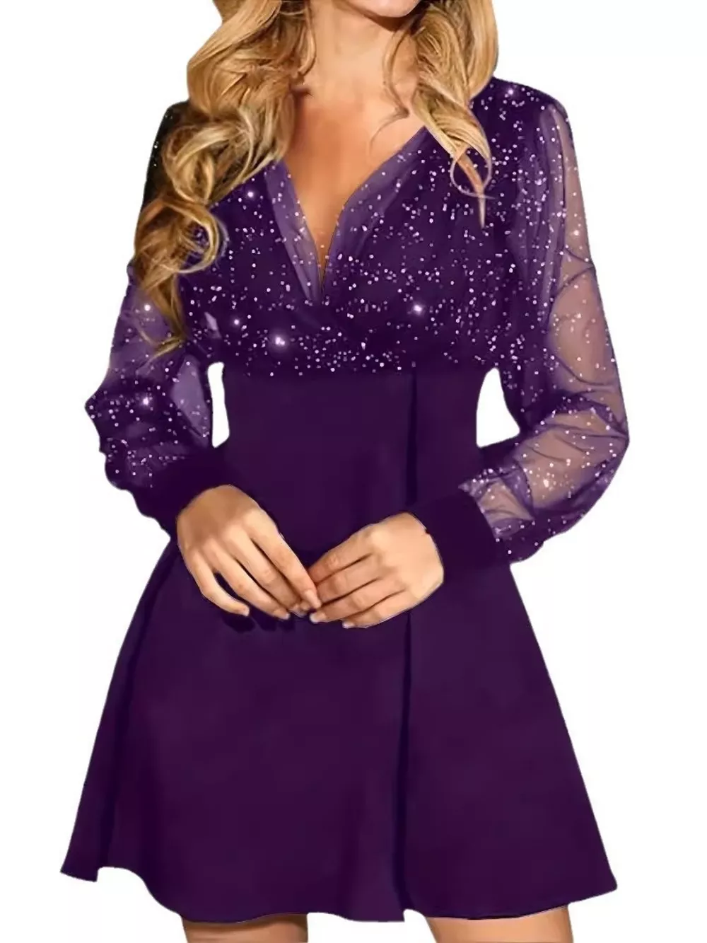 Glitter Mesh Long Sleeve Mini Dress, image 8