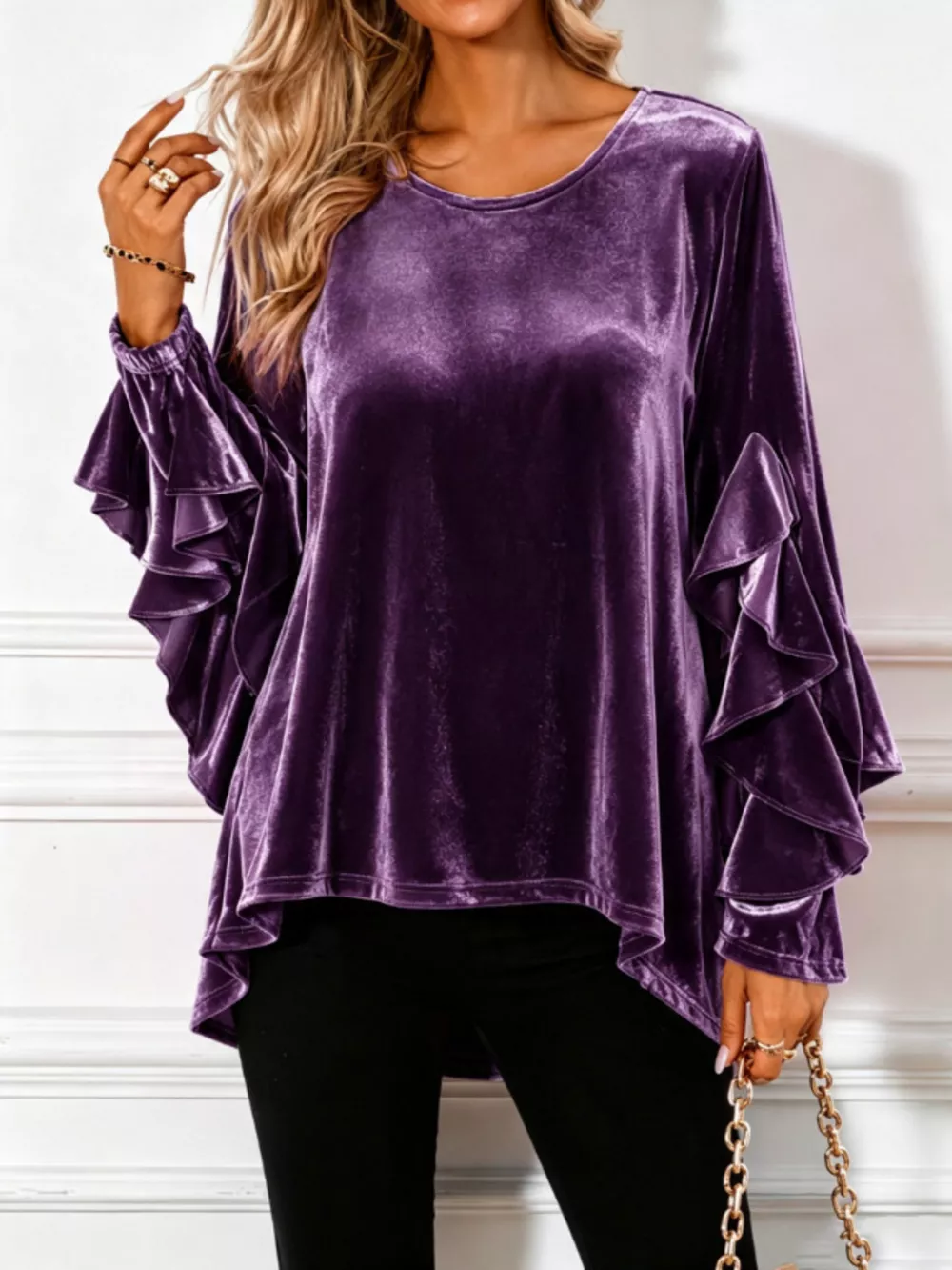 Velvet Round Neck Ruffle Sleeve Top, image 13