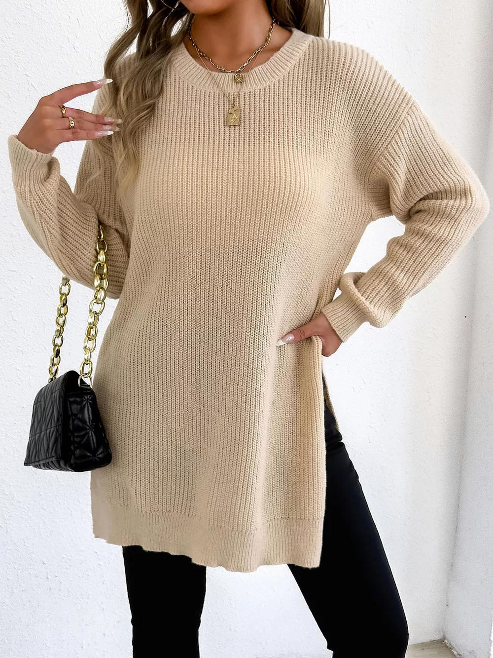 Side-Slit Dropped Shoulder Sweater