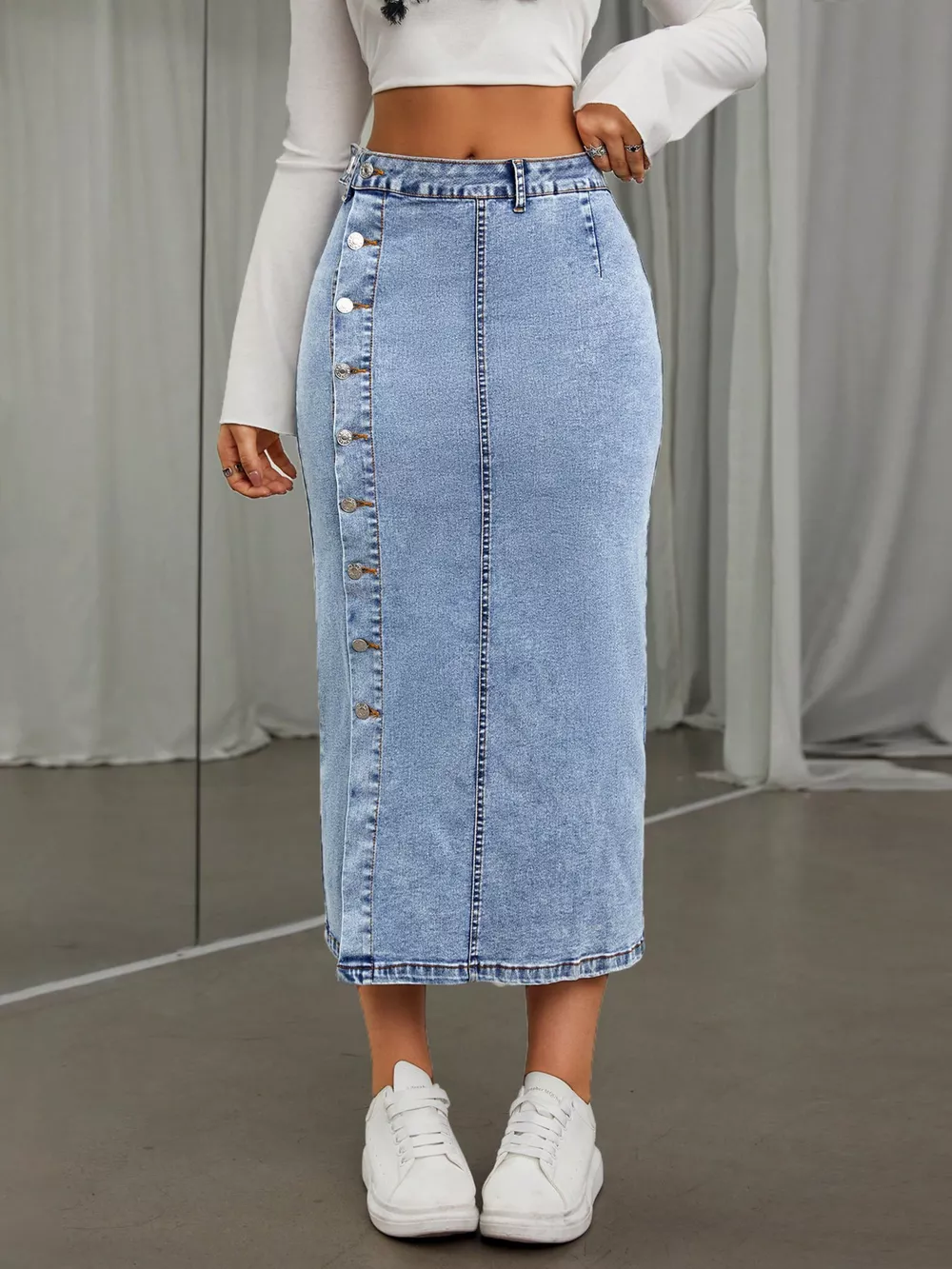 Side Button Slit Denim Midi Skirt, image 4