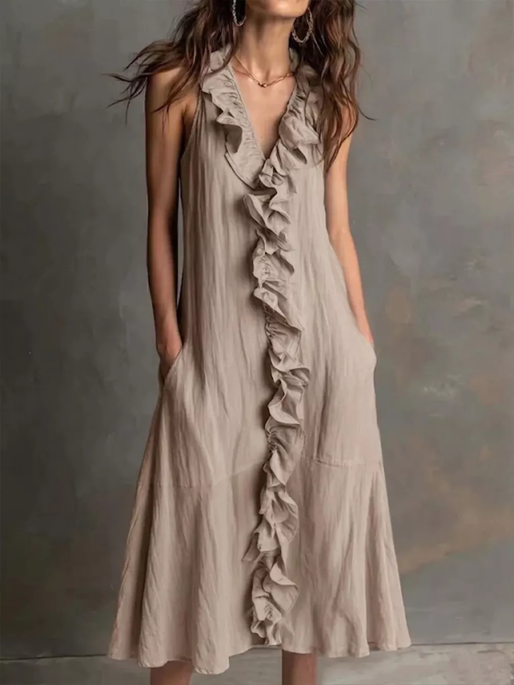 Sleeveless Ruffle Trim V-Neck Midi Dress, image 7