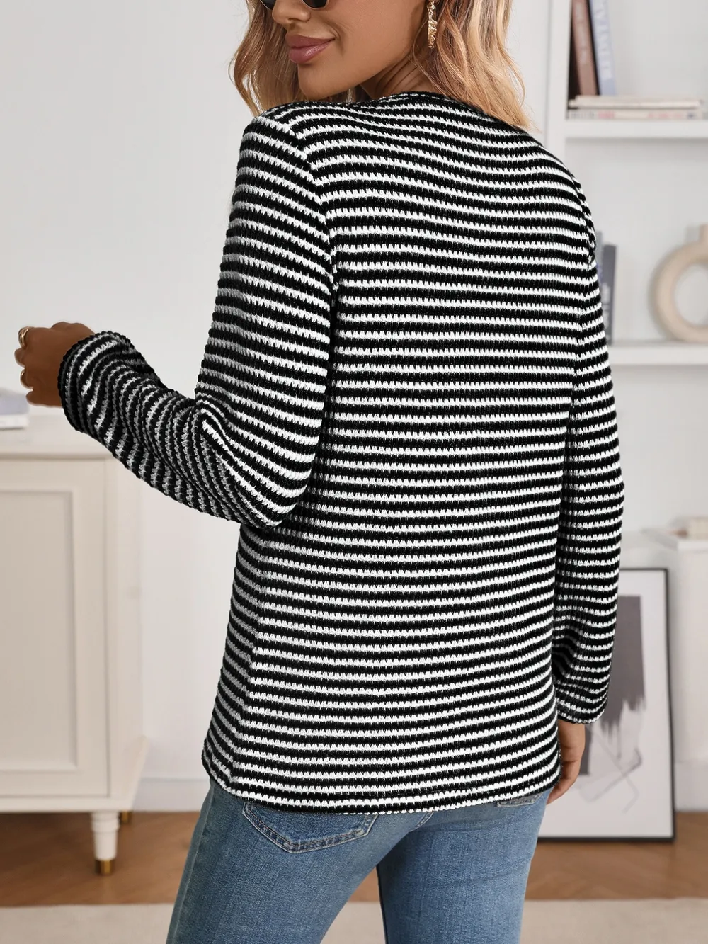 Striped Button Detail Long Sleeve Top, image 23