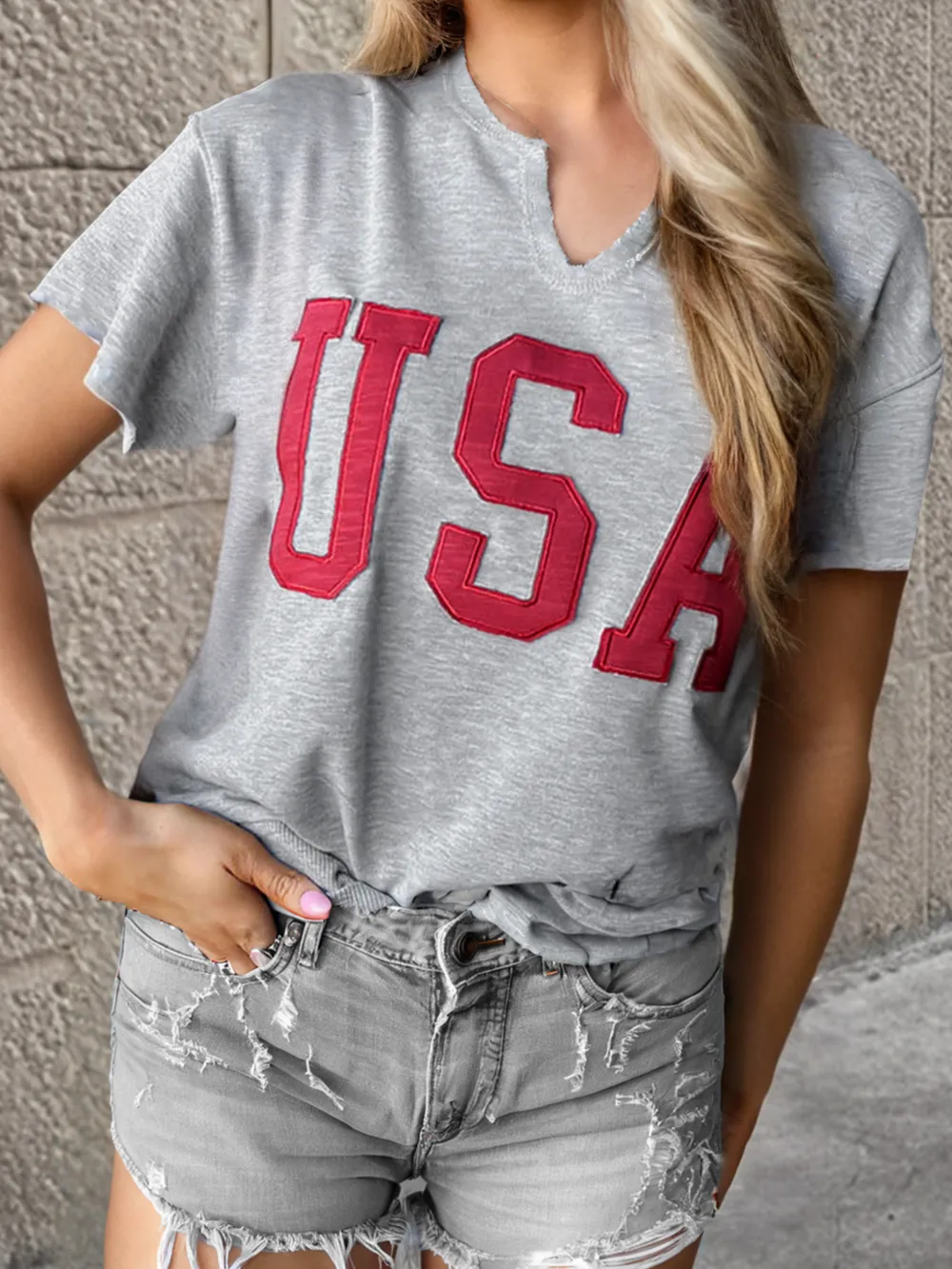 USA Lettering Patch Notched Neck T-Shirt, image 6