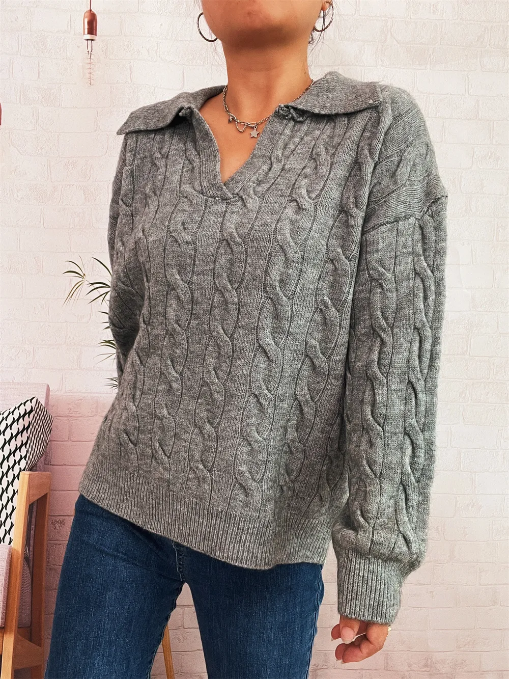 Cable Knit Johnny Collar Sweater, image 4