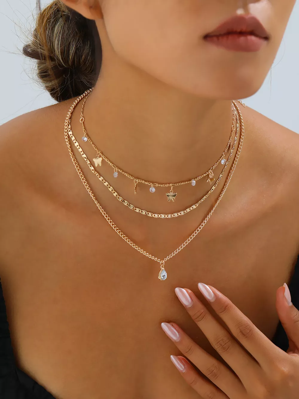 Layered Alloy Necklace with Butterfly and Zircon Charms