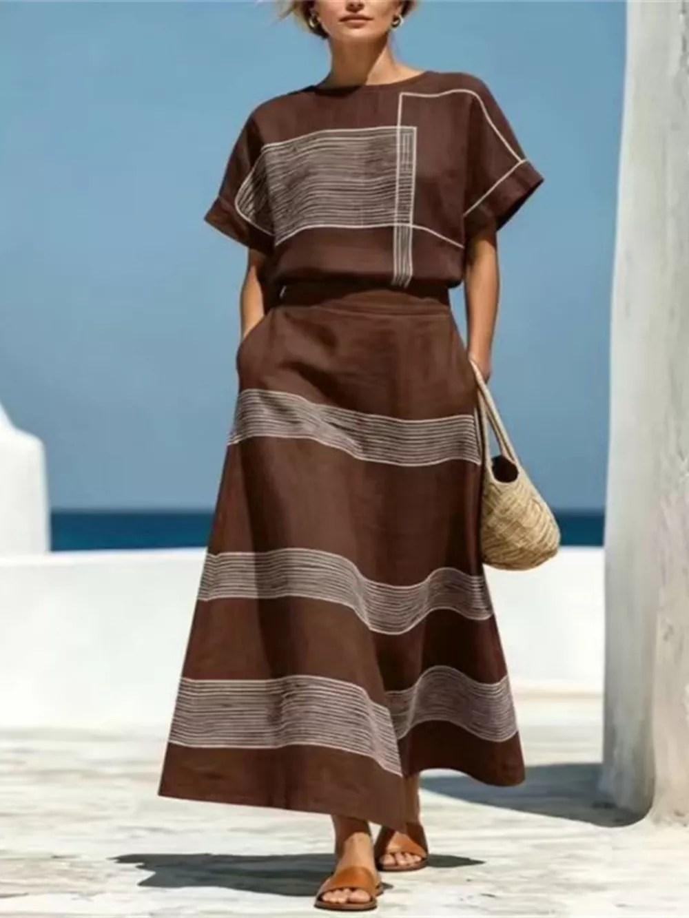 Full Size Striped Round Neck Top and Skirt Set Plus Size, image 6