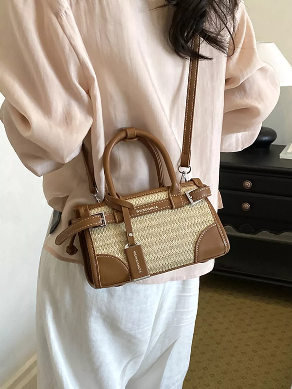 Leather Trim Woven Crossbody Bag, image 2