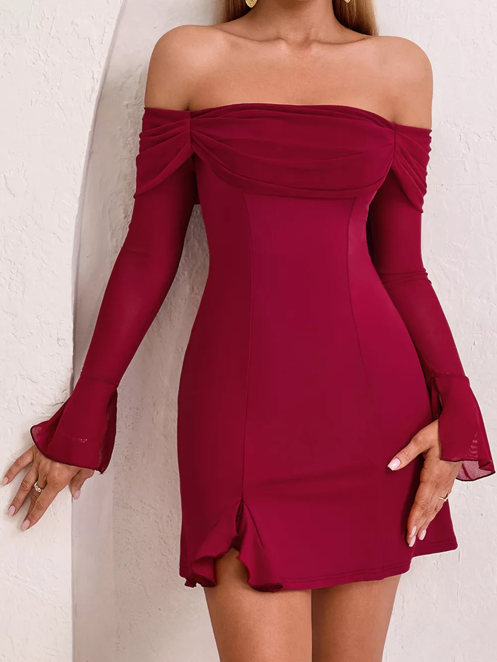 Off-Shoulder Long Sleeve Mini Dress, image 4