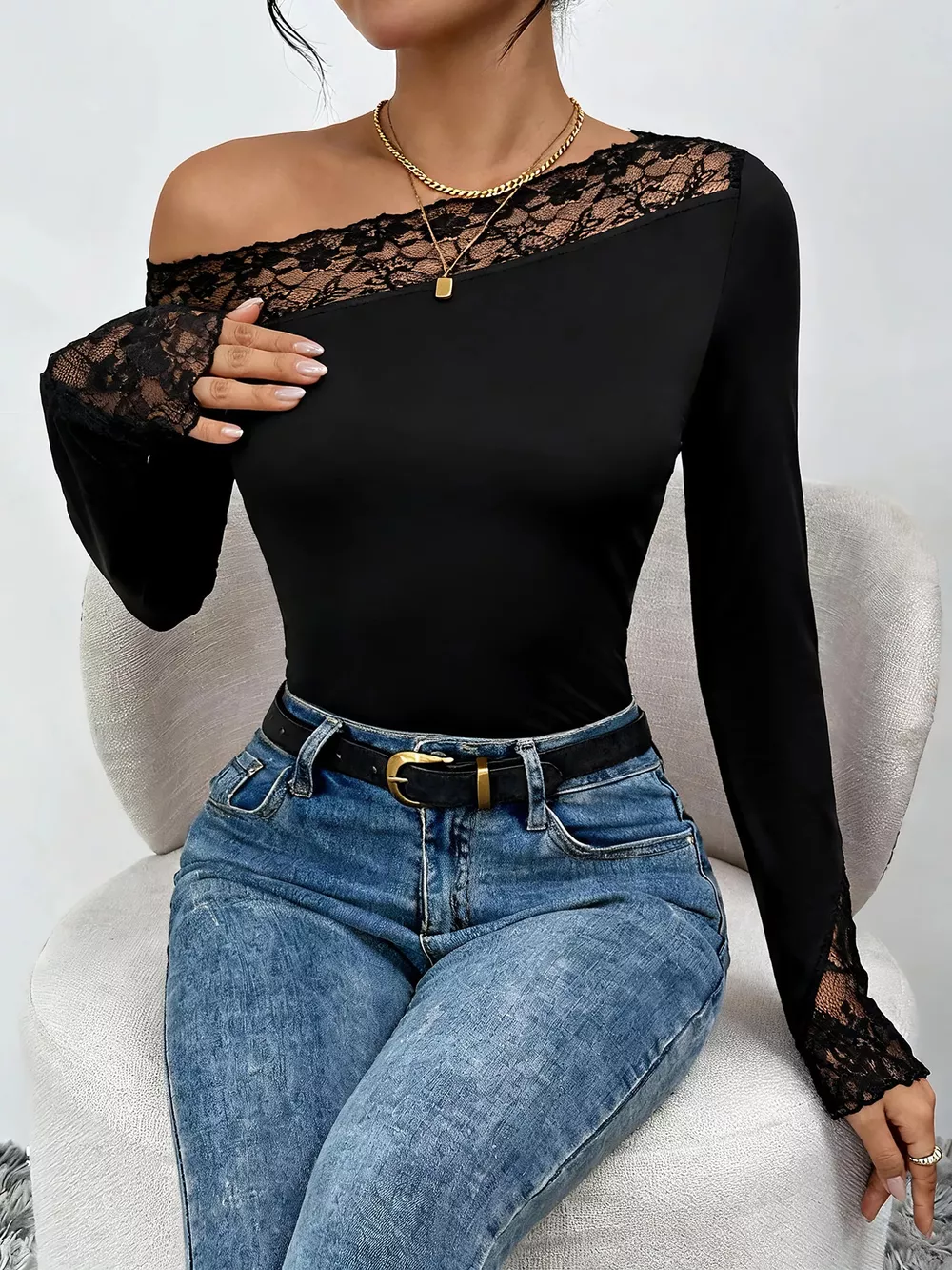 Lace Trim One Shoulder Bodysuit, image 6