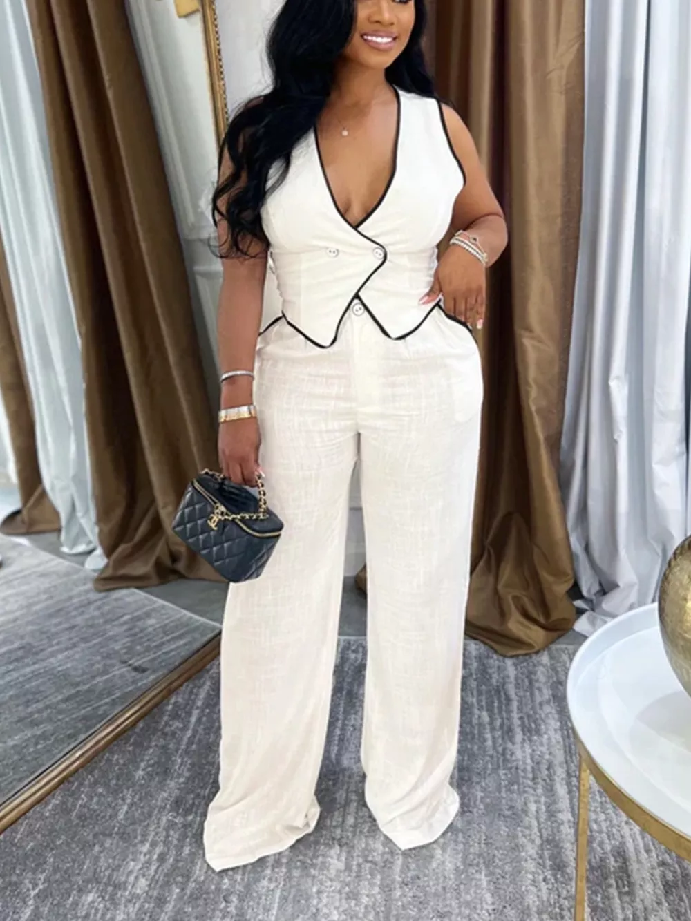 Contrast Trim Vest and Wide-Leg Pants Two-Piece Set, image 5