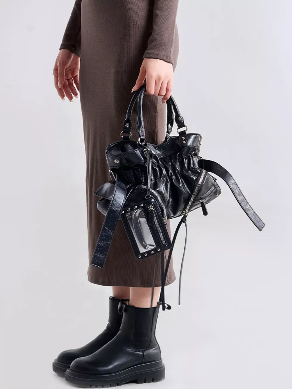 Patent Leather Ruched Crossbody Bag with Detachable Card Holder, image 2