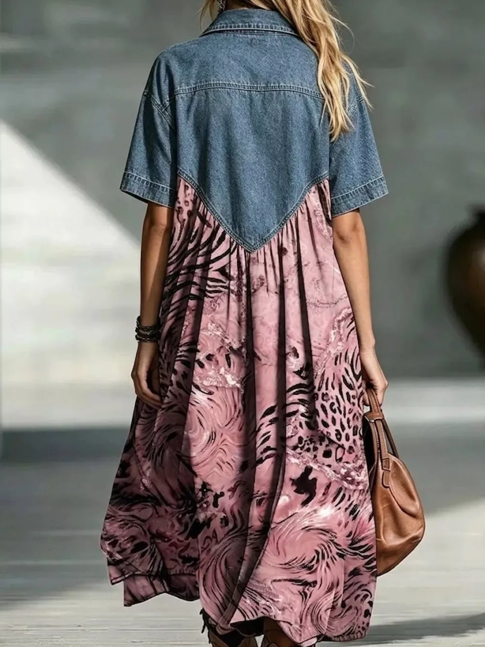 Full Size Denim Patchwork Printed Shirt Dress Plus Size, image 9