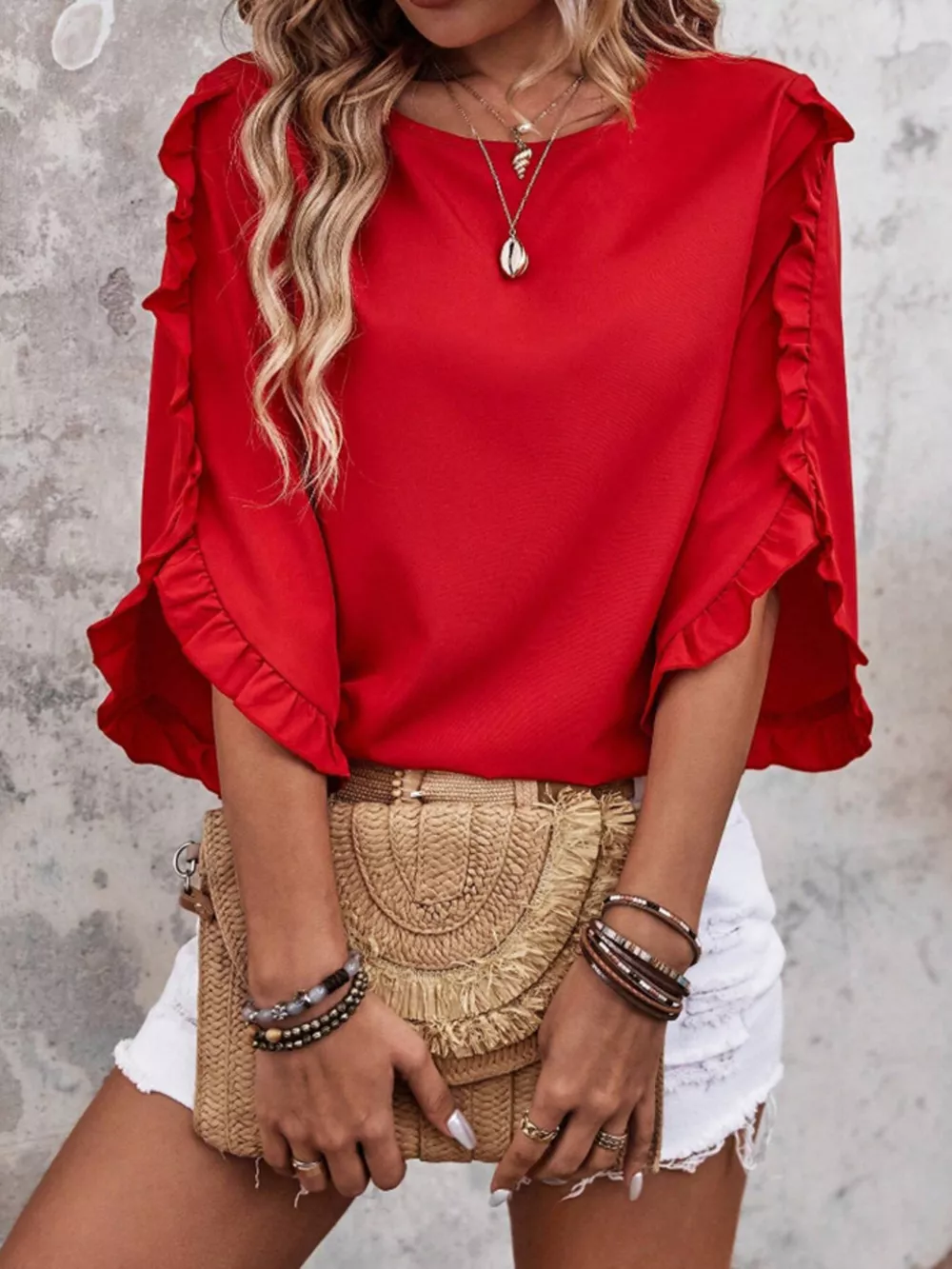 Ruffle Sleeve Solid Color Blouse, image 5