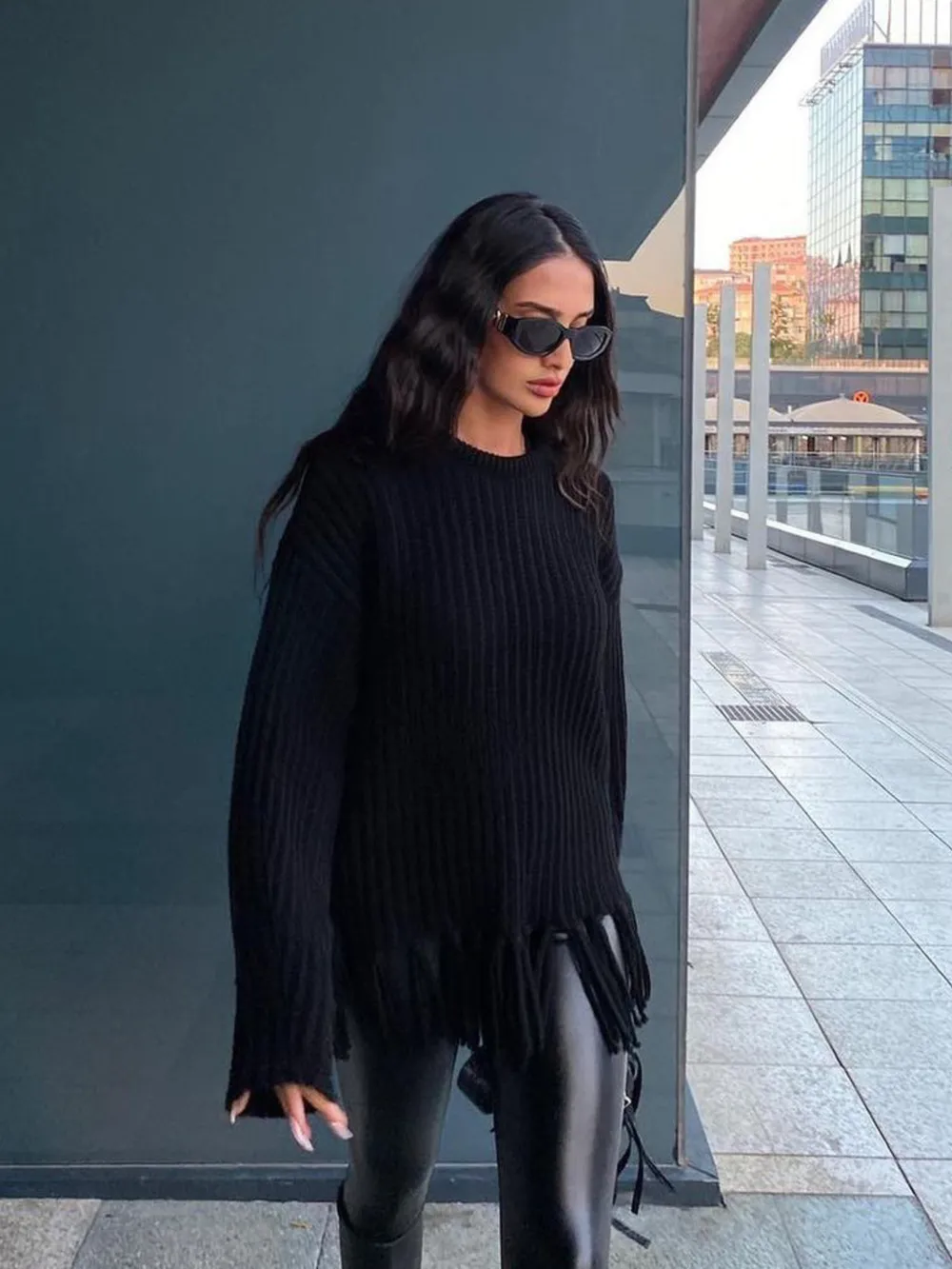 Fringe Round Neck Long Sleeve Sweater, image 7