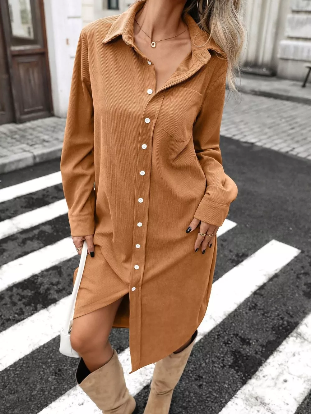 Corduroy Shirt Dress with Button-Down Front